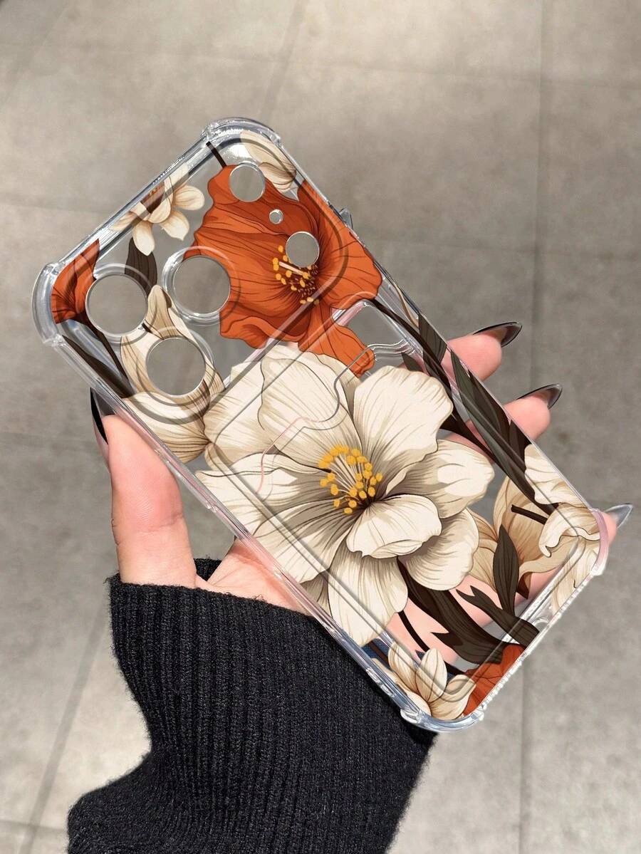 Orange And White Floral Card Slot Shockproof Phone Case Compatible With Apple 17 Pro Max 13 Pro 17/16/14 Pro Max New Style 13 Bestie 15 Phone Protective Case 12/12 Pro Niche 11 Fresh 15 Pro Max Card Holder Style 16 - Multicolor - View 1