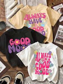 3 camisetas de mujer de manga corta con cuello redondo, estampado de letras, palmeras flores en colores llamativos, de uso casual versátil y adecuado para uso vacaciones y primavera-verano - Albaricoque - Ver 1