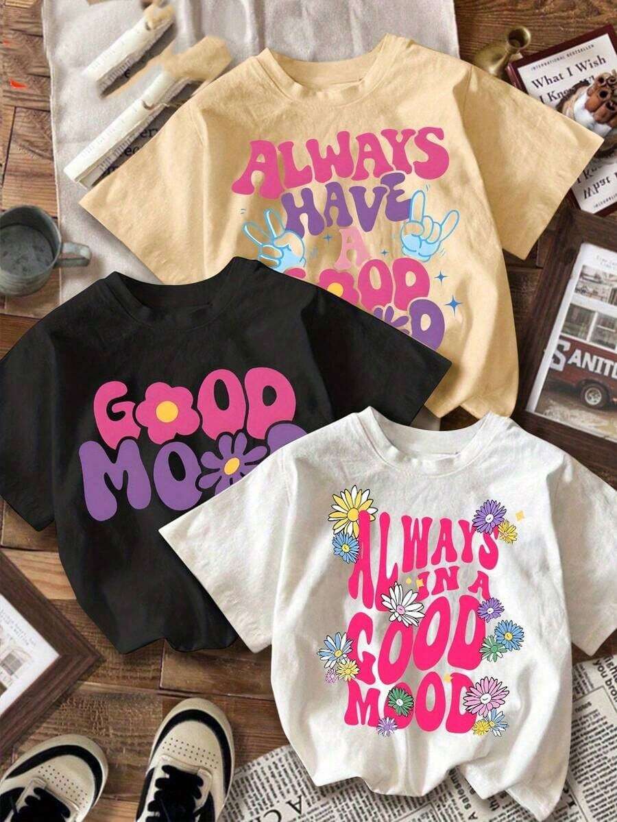 3 camisetas de mujer de manga corta con cuello redondo, estampado de letras, palmeras flores en colores llamativos, de uso casual versátil y adecuado para uso vacaciones y primavera-verano - Albaricoque - Ver 1