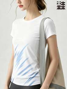 mulinsen 女款快乾 T-shirt，冰絲圓領短袖，彈性吸汗快乾運動上衣，跑步快乾上衣 - 白色 - 查看 2