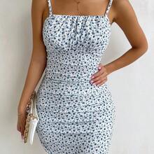 Vestido de verano con estampado floral diminuto, busto fruncido, para vacaciones y playa de mujeres - Verde - Ver 4