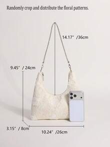 Yellow-Green Lace Hollow Floral Hobo Shoulder Bag With Rhinestones For Women, Suitable For Vacation (Floral Pattern Randomly Distributed) - Beige - View 2