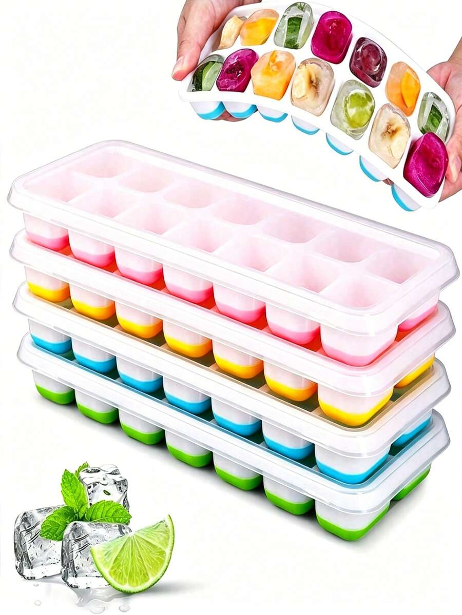 4pcs Silicone Ice Cube Trays, Easy Release Soft Material, 14 Cavities Mixed 4 Colors, With Leak-Proof Removable Lid, Stackable, Kitchen Accessories, Small Kitchen Tools - Multicolor - View 1