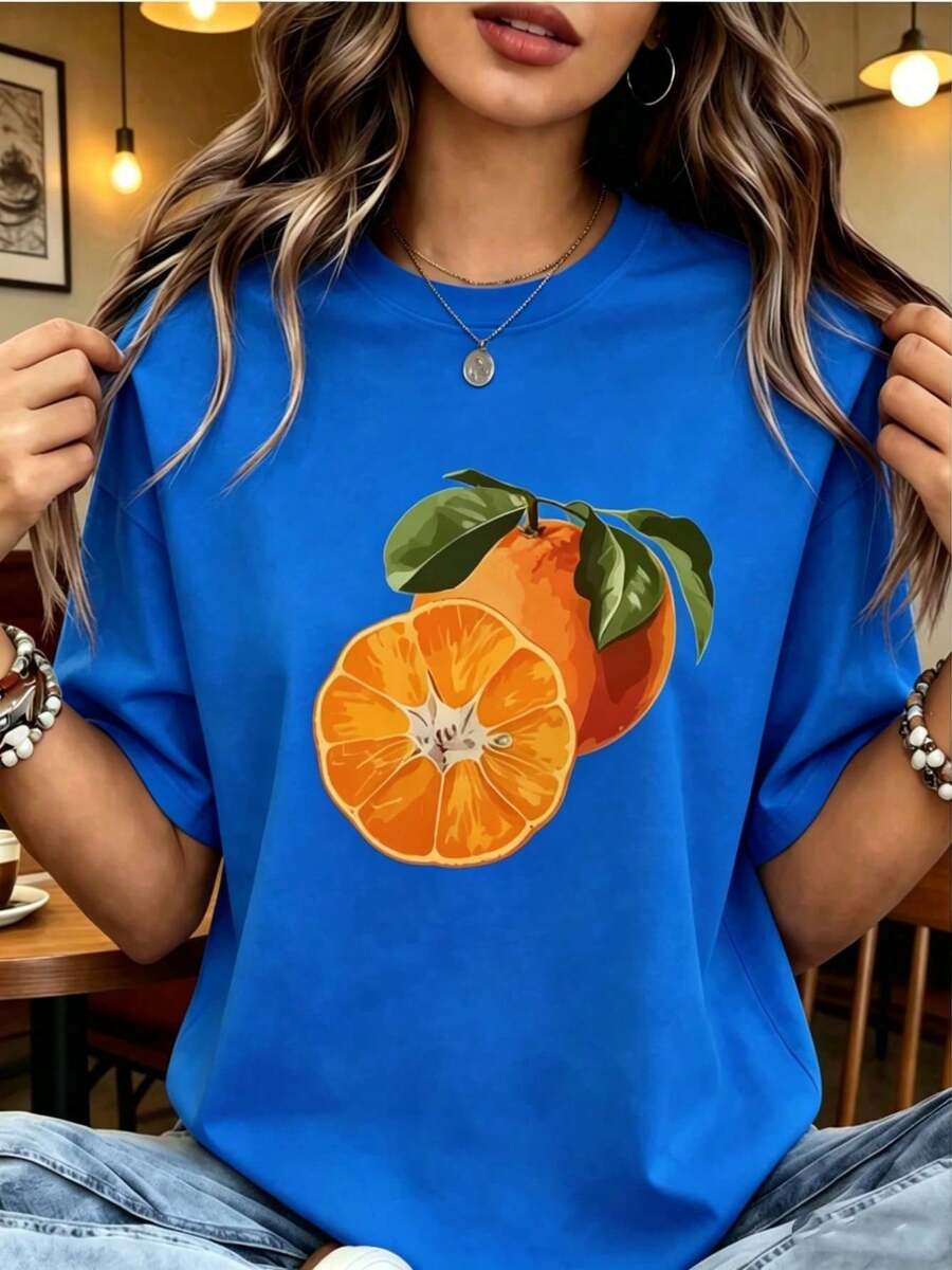 Women's Clothing, Summer Cotton T-Shirt, Vibrant Leaf And Fruit Print, Round Neck, Bright Pink, Washable, Casual Top For All Seasons, Designer Women's Clothing. - 藍色的 - 查看 1