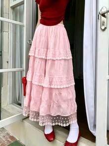 Teen Girl Summer Lace Trim High Waist A-Line Long Skirt 13-16 Years Old - Pink - View 2