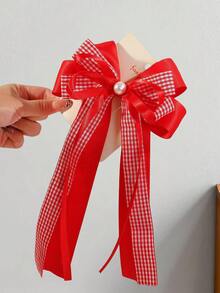 1pc Girls Casual Versatile Preppy Style Blue Plaid Bow Ribbon Half-Up Ponytail Hair Clip Suitable For Campus And Daily Use - Burgundy - View 2
