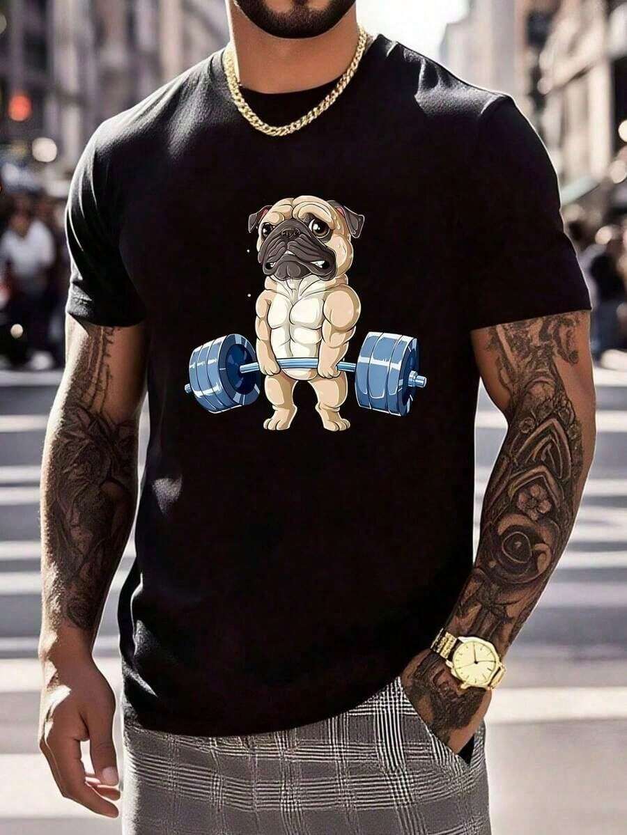 CamisetaHumor de Levantamiento de Pesas de Pug Camiseta divertida de entrenamiento de gimnasio de peso muerto. Manga corta. Cuello redondo. Lavable a máquina. Camiseta de gimnasio hombres - Negro - Ver 1