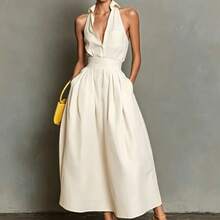 2026 Summer Solid Color Casual  Sexy Sleeveless Shirt Collar Dress For Women Loose Fit Mini Length Elegant Office Party Streetwear - 乳白色 - 查看 1