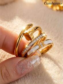 Camhanno 3pcs Light Luxury Style 18K Gold Plated Stainless Steel Jewelry, Solid Material And Exquisite Craftsmanship, Skin-Friendly And Breathable, Suitable For Wearing Individually Or Layering To Meet Different Daily Matching Needs. - Gold - View 6