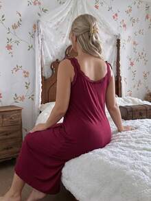 Spring/Summer Plus Size Women's Mid-Length Lace Trim Bow Red Spaghetti Strap Nightgown, Wide Strap, Lightweight And Soft - Red - View 3