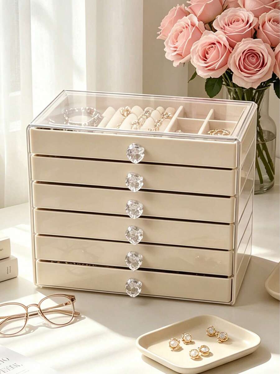 1 hộp đựng trang sức acrylic trong suốt 6 tầng, hộp lưu trữ trang sức dung tích lớn, hộp trưng bày lưu trữ trang sức kiểu ngăn kéo, phù hợp cho bông tai, nhẫn, vòng tay, dây chuyền, vòng tay, lý tưởng để lưu trữ và sắp xếp trang sức tại nhà. - Hộp nữ trang - Xem 1