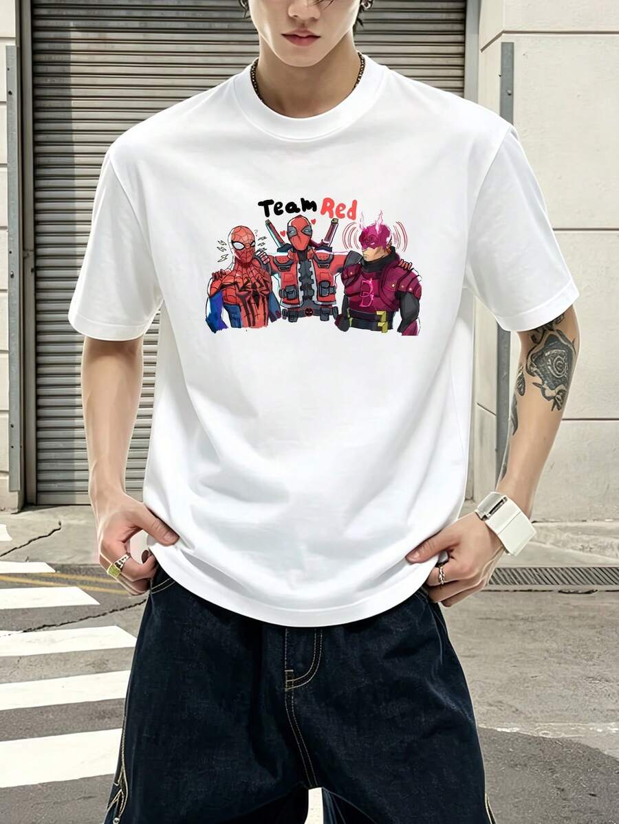 T-shirt graphique Marvel Team Red Spider-Man Deadpool 100 % coton - Vêtements homme - T-shirts humoristiques - Vêtements d'été homme - Série Marvel - Idées cadeaux homme - Streetwear - Blanc - Voir 1