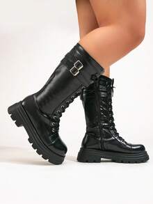 Women's Wide Fit Plus Size Thick Sole Mid-Calf Boots, Autumn/Winter Cross Lace-Up Boots, Punk Style Wide Shaft Leather Belt Buckle Inner Side Zipper Boots - Black - View 3