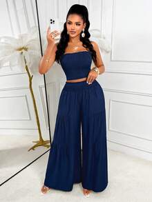 AIJ Women's Elegant Pleated Strapless Cropped Top Paired With Pleated Wide Leg Pants 2 Pieces Set, Casual Non-Stretch Outfit Summer - Navy Blue - View 3