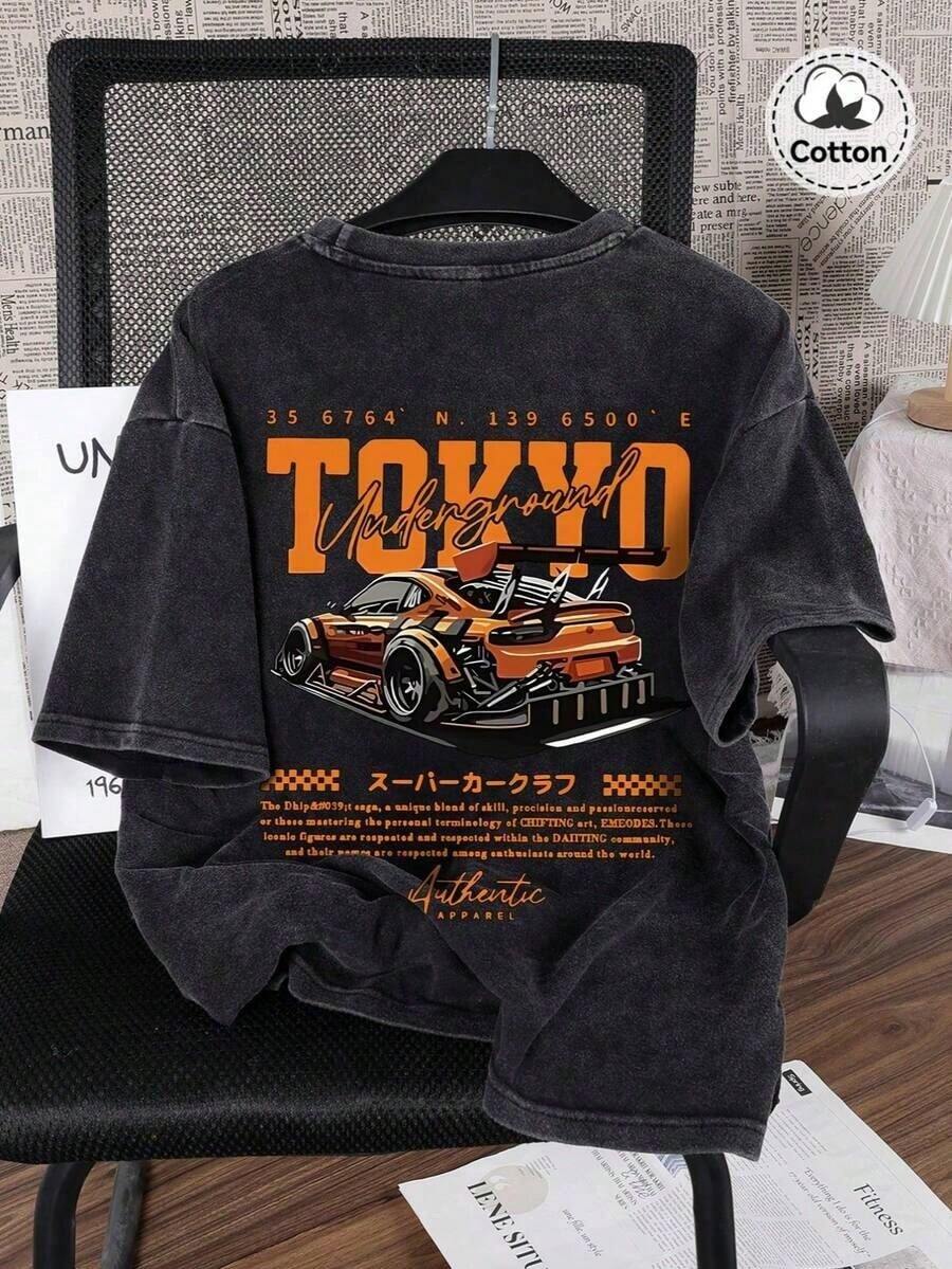 Camiseta de hombre con estampado de carreras para primavera y verano, ajuste microelástico, lavada con agua para darle un aspecto vintage, camiseta de algodón transpirable de cuello redondo - Blanco - Ver 1
