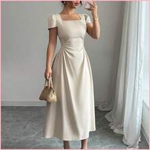 Vestido camisero de mujer de unicolor elegante con cuello redondo, cintura ceñida, manga abullonada y largo midi para el trabajo, vacaciones y té de la tarde, primavera/verano - Azul marino - Ver 2