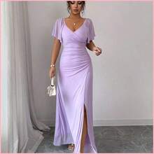 Vestido de mujer con cuello en V de punto estampado, mangas con volantes, cintura ceñida, pliegues y bajo con abertura. Elegante y favorecedor - Negro - Ver 4