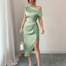 abyoxi Vestido de satén con cuello asimétrico elegante, cintura fruncida, color verde salvia, adecuado para citas, fiestas de cumpleaños, bodas, regreso a casa - Rosa - Ver 6