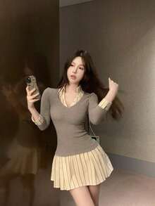 Women's Summer French Polo Shirt Collar Sleeveless Slim Shirt Dress With Belt, Elegant Style. - Grey - View 2