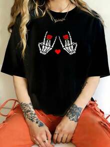 Camiseta de manga corta para mujer, talla grande, con diseño de esqueleto rockero punk rock, para el Día de San Valentín, cuello redondo, estilo casual, divertida, con estampado gráfico, 100 - Negro - Ver 1