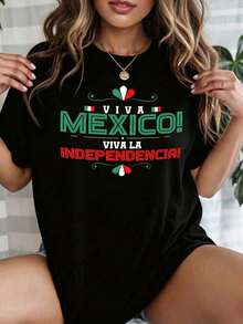 Playera negra para mujer de cuello redondo, manga corta, estampado "Viva México! Viva la Independencia!" con colores de la bandera mexicana, temática patriota para fiestas de independencia, - Negro - Ver 1
