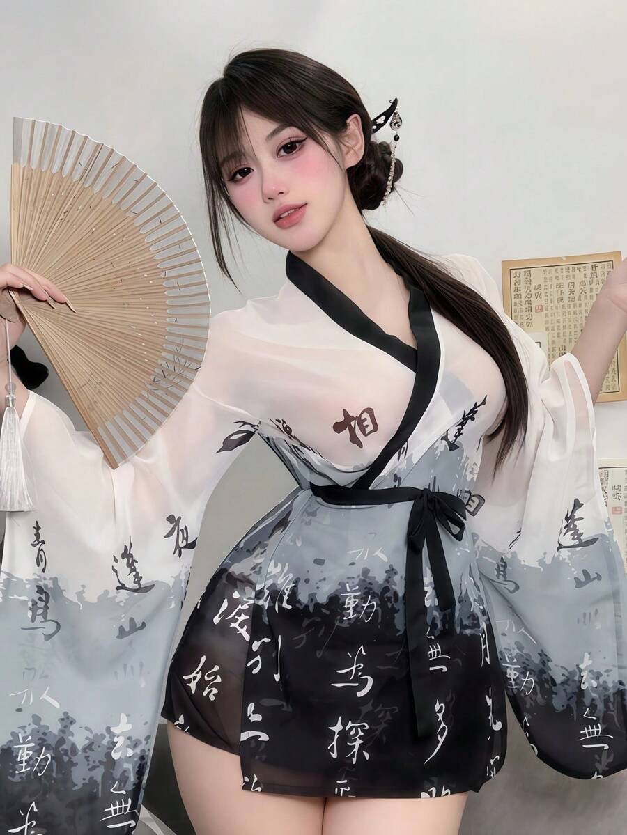 Conjunto de quimono elegante estilo japonês com pintura a tinta, peça única, traje sofisticado e elegante, ideal para cosplay, festas, apresentações e festivais. - Multicolorido - Ver 1
