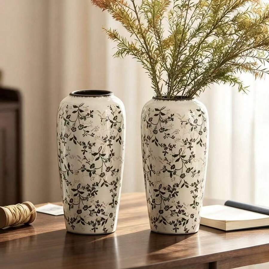 Vintage Ice Crackle Ceramic Vase, Light Luxury Pastoral Decor For Living Room, Hydroponic Flower Arrangement, Dried Flower Holder, Lotus Style, Satisfying Gift - 1PC - View 1