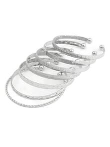 7pcs/Set Juego de Brazaletes Dorados - Brazaletes Apilables Multicapa con Textura Estilo Bohemio Joyería - Plateado - Ver 8