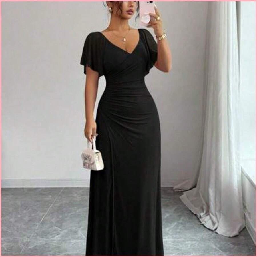 Vestido de mujer con cuello en V de punto estampado, mangas con volantes, cintura ceñida, pliegues y bajo con abertura. Elegante y favorecedor - Negro - Ver 1