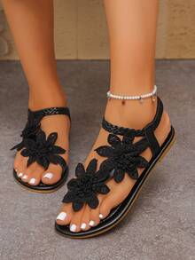 Women's Lace-Up Floral Sandals With Toe Straps, 2026 Summer New Style, Suitable For Beach, Vacation, Casual And Travel - Black - View 6