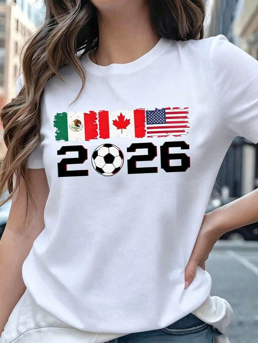 Soft 's T-Shirt Mexico Canada USA 2026 With Flags And Ball, Aesthetic Venues Short Sleeve Shirt, Modern Fan Top United 2026 - 白色的 - 查看 1