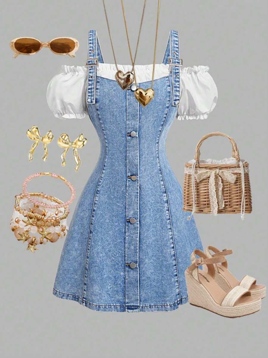 MOD Vestido mini de mezclilla para mujer, ajustado y de patchwork casual - Lavado ligero - Ver 1