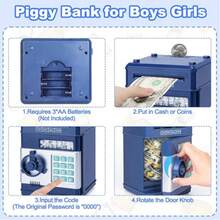 Refasy Piggy Bank Cash Coin Can ATM Bank Electronic Coin Money Bank For Kids Age 3-12, Money Savings Box Mini ATM Coin Bank Toys - Navy Blue - View 2
