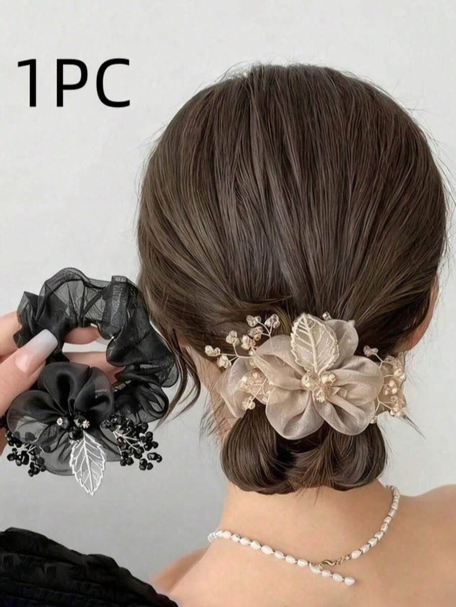 1 pieza Coletero de organza con estrella para mujer, pinza para el cabello con flores, accesorios elásticos para coleta, regalo para viajes y relleno de calcetines navideños - Rosa - Ver 1