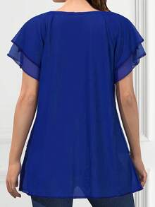 New 2026 Model:Blusa de Talla Grande para Mujer con Mangas Volantes y Bajo Asimétrico en Color Sólido - Negro - Ver 9