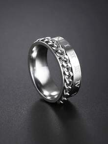 1pc Fashion Stainless Steel Roman Numeral Chain Rotating Ring For Men - Roman Numerals - View 2