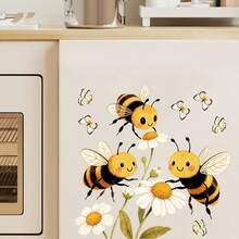 Cartoon Bee & Flower Wall Decal, Self-Adhesive Removable Glass Decor For Home - A - View 5