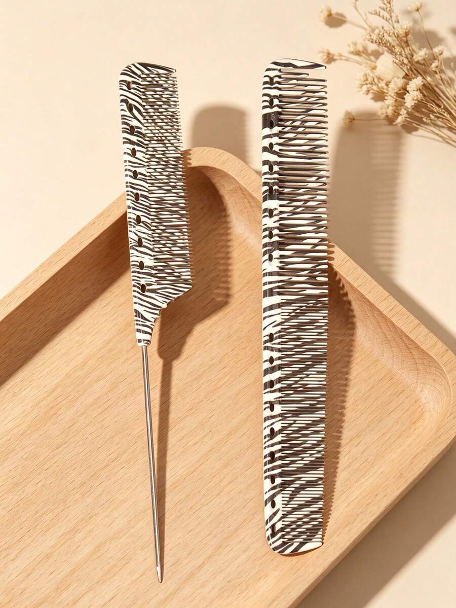 2pcs/1pc Zebra Print Hair Comb Set, Professional Rat Tail & Cutting Combs For Hair Styling - Multicolor - View 1