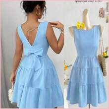 Vestido de mujer unicolor con cuello redondo, sin mangas, con cintura ajustada, decoración de lazo y falda de patinadora - Azul - Ver 1