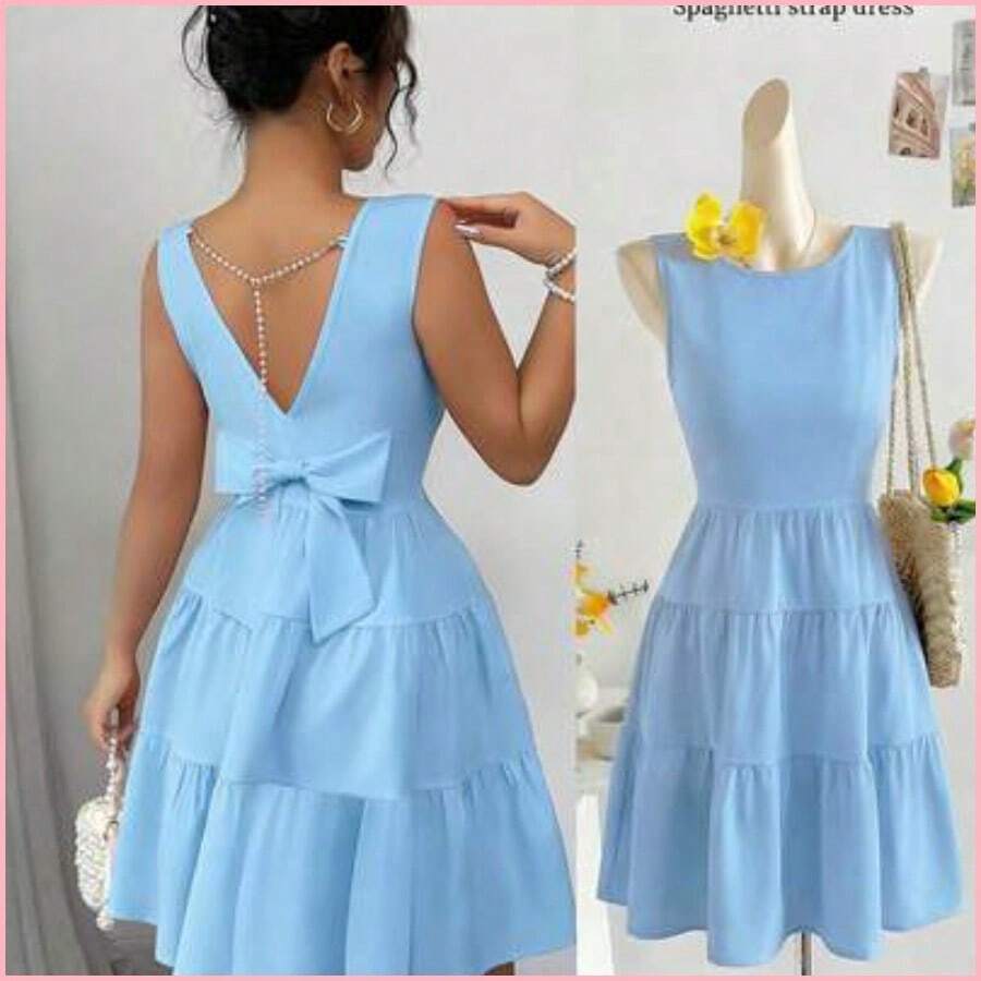 Vestido de mujer unicolor con cuello redondo, sin mangas, con cintura ajustada, decoración de lazo y falda de patinadora - Azul - Ver 1