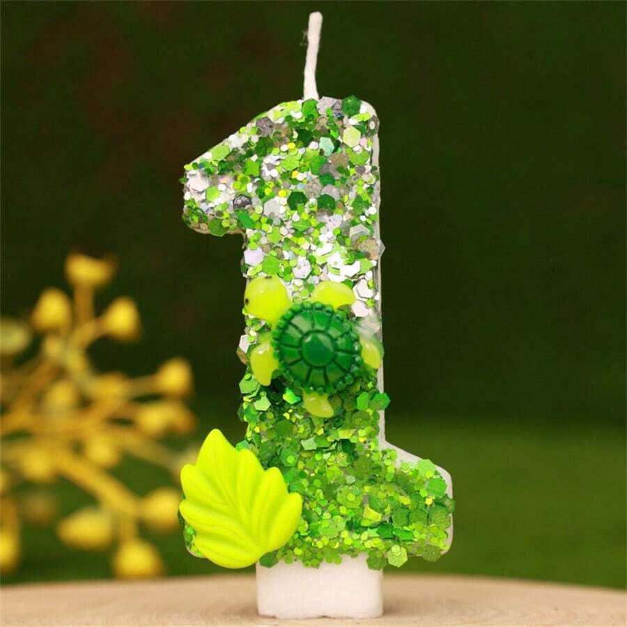 1pc Glittering Turtle Green Leaf Numeral Birthday Cake Candle Party Decoration For Birthday Celebration, DIY Creative Birthday Candle With Atmosphere