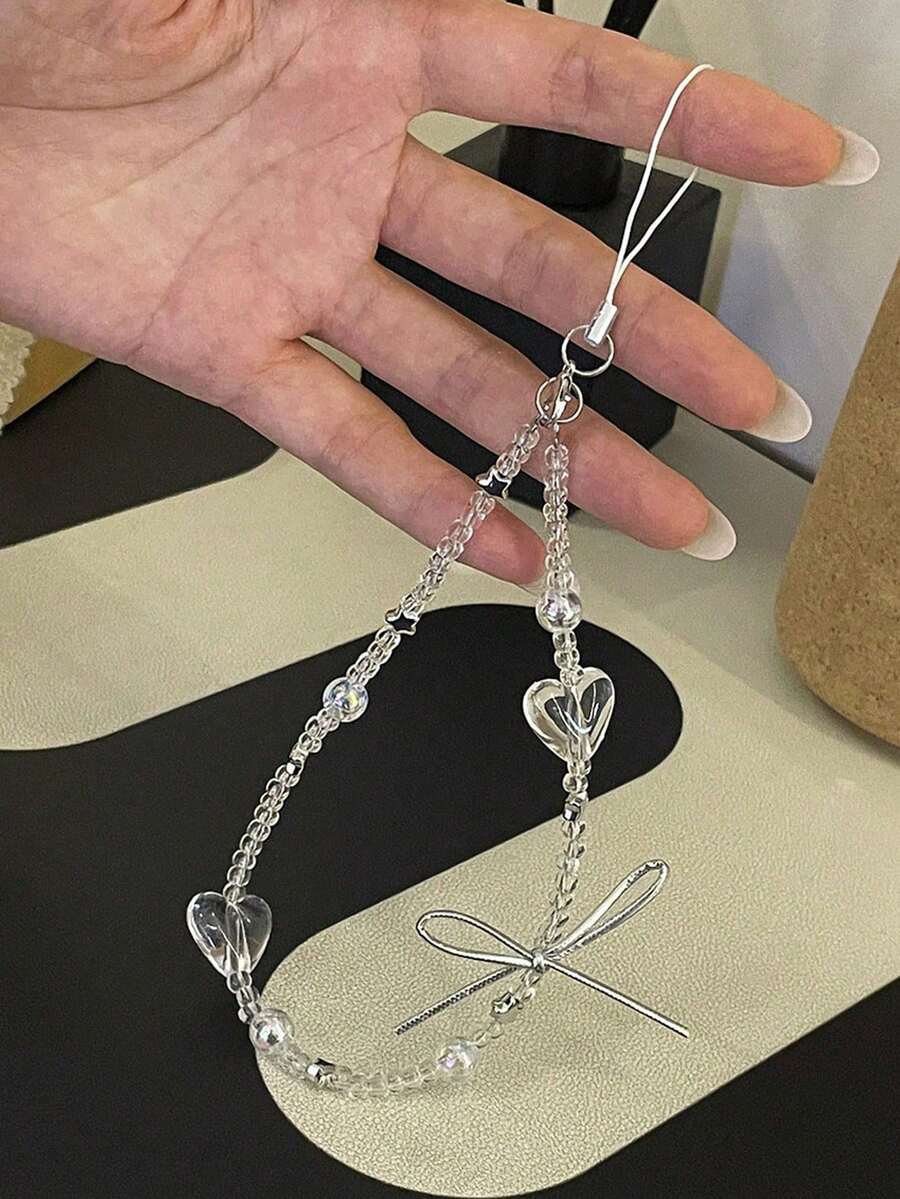Clear Heart & Bow Beaded Phone Lanyard, Y2K Aesthetic Wrist Strap, Multi-Use Anti-Lost Phone Chain With Silver Star Beads, Transparent Beaded Charm For Phone Case, Bag, Keychain, Camera, Cute Korean Style Accessory, Versatile Hand Strap For Women Girls, Sweet Bowknot Design, Lightweight Portable, Fashion Phone Decoration, Perfect Gift For Friends - Multicolor - View 1