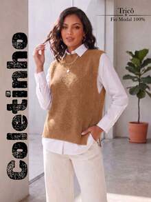 Women's Knitted Vest With Ribbed Crew Neck, Sleeveless, Casual And Elegant Knitwear For Autumn/Winter - 駝色 - 查看 1