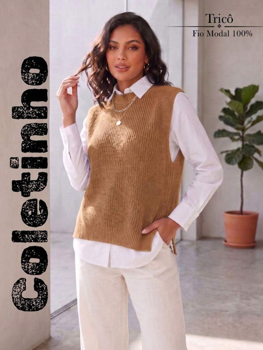 Women's Knitted Vest With Ribbed Crew Neck, Sleeveless, Casual And Elegant Knitwear For Autumn/Winter - 駝色 - 查看 1
