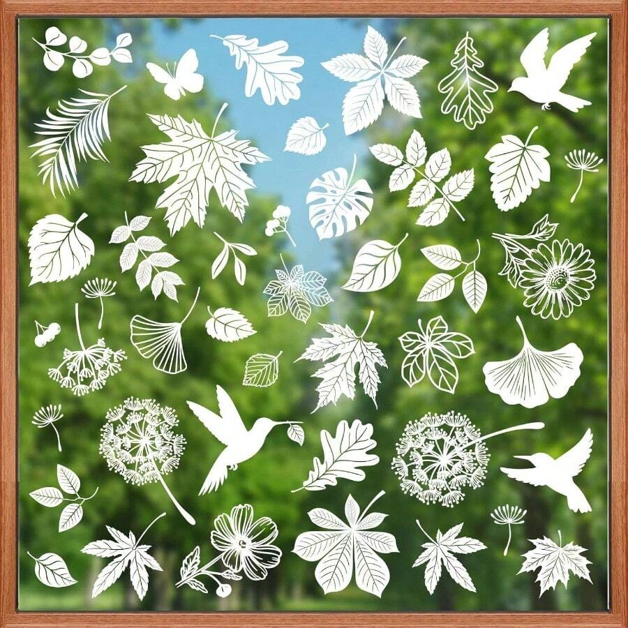 - Hojas de primavera y verano de doble cara para ventanas de hojas blancas, colibr, diente de len, anticolisiones, puertas, calcomanas de ventana - Multicolor - Ver 1