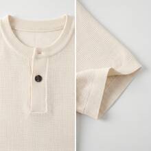 Men's Casual Solid Color Henley Neck Short Sleeve Knit T-Shirt, Summer - Beige - View 8