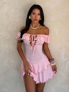 Women's Summer Dress, Ruffle Hem Sexy Dress Elegant Pink - Pink - View 5