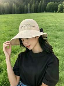 1pc Women's Spring/Autumn Solid Color Bow Straw Bucket Hat Wide Brim Sun Hat Sun Protection Hat, Suitable For Daily Use - A - View 5