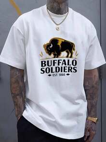 ¡% algodón para hombre, talla! Camiseta negra de hombre de color sólido con estampado de soldado búfalo - ropa casual, material adecuado para todas las estaciones, se pue - Negro - Ver 1