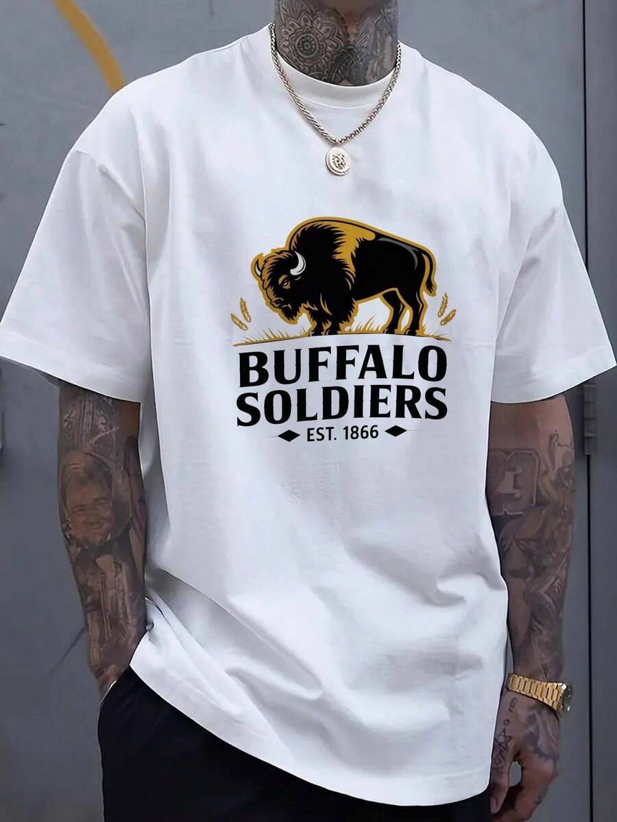 ¡% algodón para hombre, talla! Camiseta negra de hombre de color sólido con estampado de soldado búfalo - ropa casual, material adecuado para todas las estaciones, se pue - Negro - Ver 1